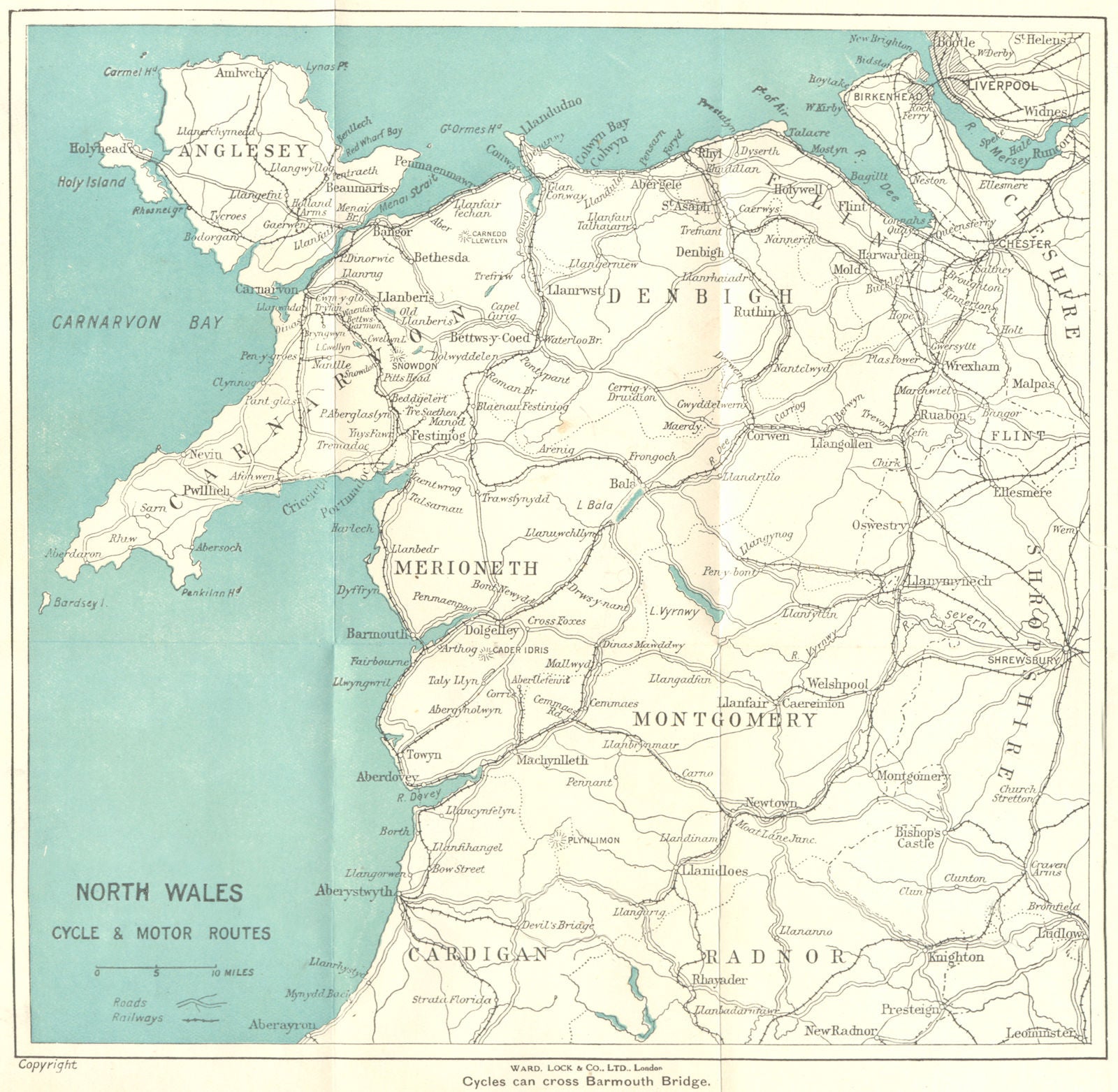 NORTH WALES CYCLE & MOTOR ROUTES. Railways. WARD LOCK 1924 old antique map
